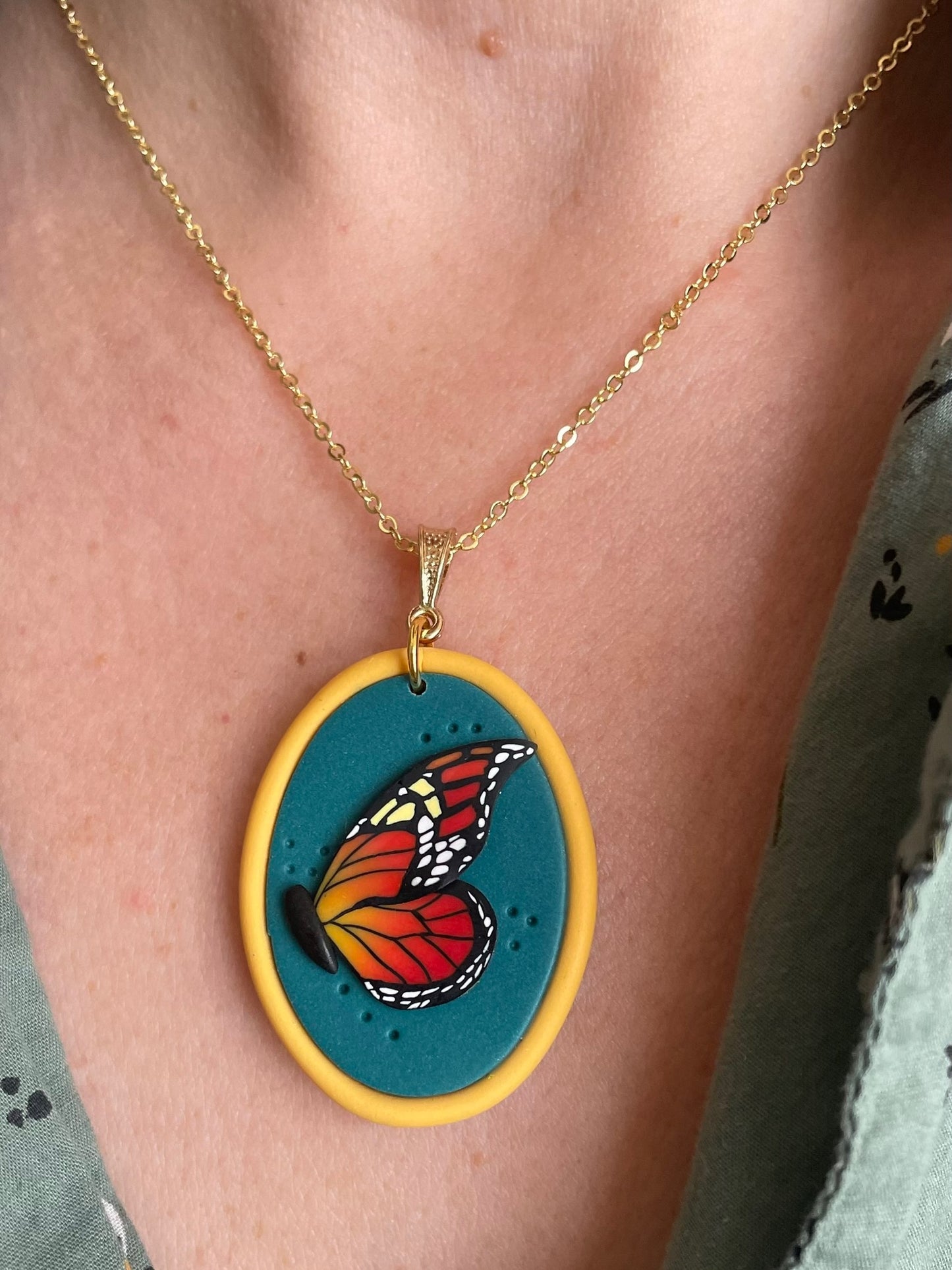 Monarch Butterfly Clay Pendant necklace