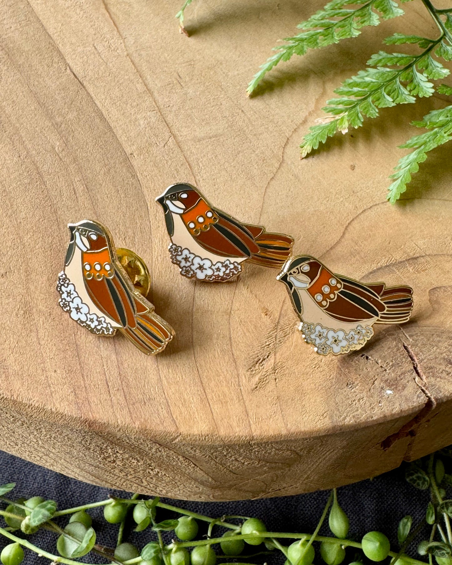 Hard enamel pin of a sparrow. based off of you are worth more than many sparrows bible scripture