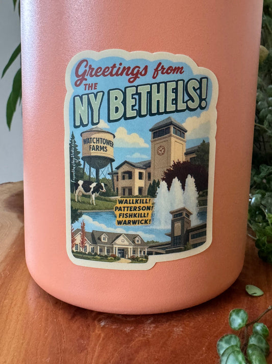 Waterproof sticker that has a vintage look of the 4 New York bethels, it says Greetings from the NY Bethels! written on it. and a label that says Wallkill! Patterson! Fishkill! Warwick! on there. Shown stuck onto a water bottle