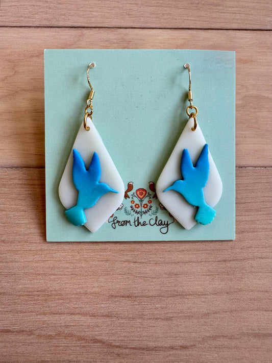 Ombre blue hummingbirds on a light white almost translucent drop earrings 